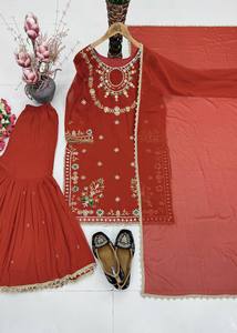 Robe Anarkali brodée rouge rouille pour femme, tenue de mariage indienne traditionnelle, longueur cheville, en coton, coupe classique - Product Image 4