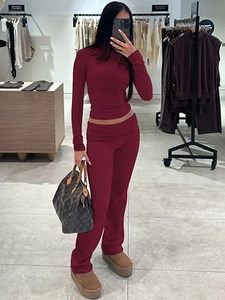 Ensemble de yoga deux pièces bordeaux pour femme, legging taille haute, crop top à manches trois quarts, grande taille, vêtements de sport extensibles - Product Image 5