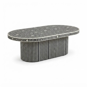 Table basse ronde artisanale en os incrusté, de luxe, en terre cuite orange rayée, avec pieds en colonne cannelée, vente en gros - Product Image 5
