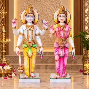 Statue de Laxmi Narayan en marbre |   Murti artisanal Vishnu Lakshmi, couple debout, avec travail en or |   MALIYAS Jaipur - Product Image 1