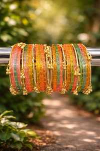 Trendy Gold Plated Pink Glass Kashmiri <b>Bangles</b> with Emerald Cut Pearl Wedding & Bridal Jewelry at Wholesale Price Ready to Ship - Product Image 3