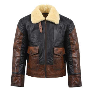 Chaqueta de Cuero Bicolor para Hombre con Cuello de Piel, Abrigo de Piel de Oveja Genuina Marrón y Negra Desgastada, Estilo Motero - Product Image 1