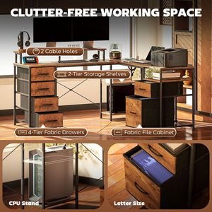 "<b>Rustic</b> Brown Reversible L Shaped Computer <b>Desk</b> with File Drawer Power Outlets & LED Lights-Bookshelf Option" - Product Image 4