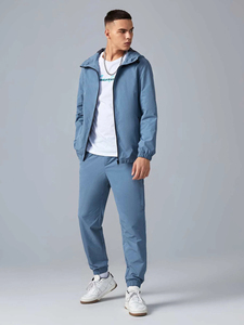 Ensemble survêtement coupe-vent bleu personnalisé 2 pièces (veste et pantalon) couleur unie pour homme - Product Image 4