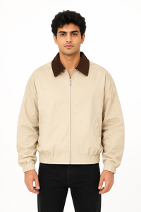 Chaqueta Harrington beige premium para hombre con cuello en contraste marrón, chaqueta bomber informal con cremallera, ropa exterior ligera de mezcla de algodón - Product Image 1