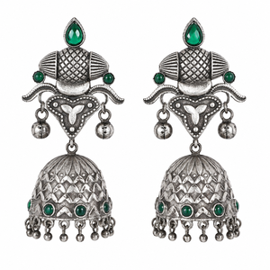 Boucles d'oreilles pendantes artisanales en argent oxydé, forme cloche, avec zircon, style Jhumka indien, pour femme, bijoux ethniques, cadeau, vente en gros - Product Image 6
