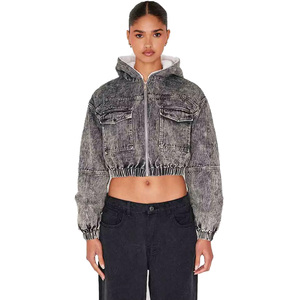 Chaqueta Corta de Mezclilla para Mujer con Capucha, Cierre de Cremallera, Manga Farol, Color Sólido Lavado a la Piedra, Estilo Blusón de Otoño, Largo Corto - Product Image 1