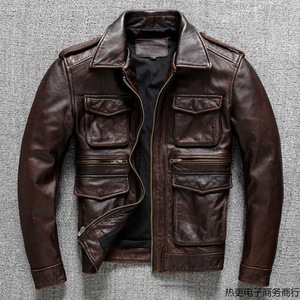 Ruya Men's Brown Genuine <b>Leather</b> Waterproof Moto <b>Jacket</b> Mandarin Collar Zipper Closure Regular Fit <b>Winter</b> Satin Lining Casual - Product Image 2