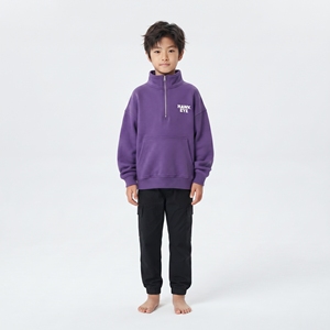 Kids Unisex <b>Hoodie</b> Purple Half-<b>Zip</b> Cotton Fleece Sweatshirt Top With Front <b>Pockets</b> Full Sleeve Drop Shoulder Leisure Wear - Product Image 1