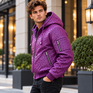 Blouson bomber à capuche en cuir d'autruche gaufré pour homme – Blouson matelassé en cuir texturé de luxe avec fermeture éclair - Product Image 2