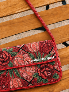 Handmade Beaded Floral Flap Crossbody Bag Women Bohemian Style Single Strap <b>Red</b> Shoulder Purse Daily Use - Product Image 3
