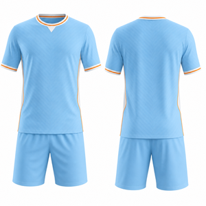 Custom Textured Sky Blue <b>Soccer</b> Uniform Set with Orange & White Trim Sublimated Football Uniform - Product Image 3