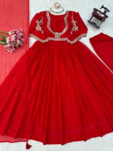 Ensemble Anarkali indien pakistanais brodé rouge, robe traditionnelle en polyester longue jusqu'au sol, séchage rapide pour mariage et fête - Product Image 5