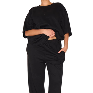 Women's Black Oversized <b>Crop</b> <b>Top</b> Drop Shoulder Loose Fit Crew Neck Knitted Solid Color Short Sleeve T-Shirt All Seasons - Product Image 3
