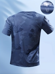 Men's Blue <b>Geometric</b> Pattern Short Sleeve O-Neck Quick Dry Sporty T-<b>Shirt</b> 100% Polyester Knitted Regular Fit - Product Image 2