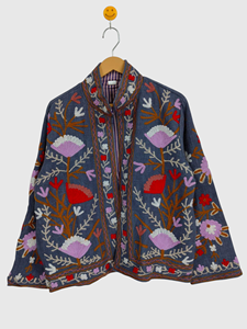 Veste à col mandarin brodée à la main avec motif floral, manches longues, taille plus, vêtements d'hiver en laine pour femmes, style Prairie Chic - Product Image 1