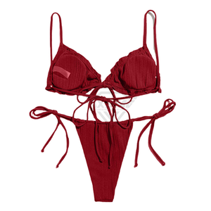 Women's Red Ribbed <b>Bikini</b> <b>Set</b> <b>Triangle</b> Top Tie Side Bottom Swimwear Stretch Beachwear Solid Color Knitted Two Piece <b>Set</b> - Product Image 1