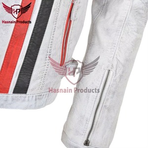 Chaqueta de Cuero Genuino Blanca para Hombre con Rayas Rojas y Negras, Estilo Motero, de Piel de Vacuno, con Efecto Desgastado, Estilo Cafe Racer, Personalizada, Cálida para Invierno - Product Image 2