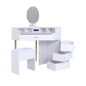 White Makeup Vanities Dressing Table Stool Set with Removable Tri-Color Illuminated Mirror Four Drawers with Outlets - Product Image 4