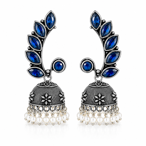 Oxidized <b>Silver</b> Blue Stone Jhumka <b>Earrings</b> Handmade Pearl <b>Dangle</b> Jewelry for Women - Product Image 2