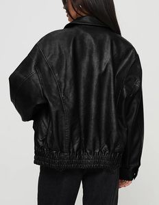 Women's Black PU Leather Bomber Jacket Full Sleeve <b>Zipper</b> Closure Turn-down Collar Autumn Style - Product Image 2