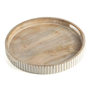 New Arrival Round Wooden Serving Tray with White Ribbed Border Decorative Storage Tray for Kitchen and Home - Product Image 1