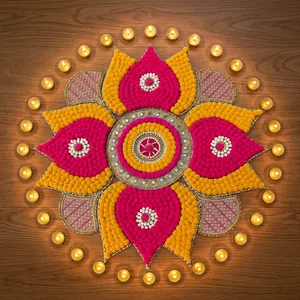 Handmade Nonwoven Felt Diwali Rangoli Floor <b>Decor</b> Flower Shape <b>Pink</b> Yellow Traditional <b>Home</b> Decoration - Product Image 5