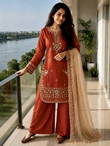 Traje Anarkali Naranja Bordado con Dupatta Beige, Largo hasta el Tobillo, Ropa Tradicional India y Pakistaní para Mujer, Corte Holgado y Elástico - Product Image 4