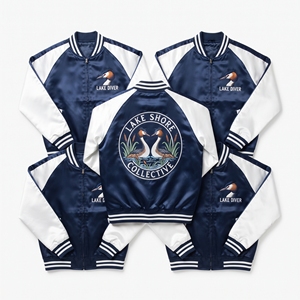 Custom Apparel Manufacturer <b>Grey</b> Satin Varsity Jacket Zip Up Silver Raglan Sleeve Embroidered Shorebird Outerwear <b>Coat</b> - Product Image 6