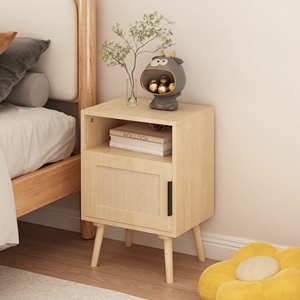 Comodino in Rattan 22.83 H con Anta e Ripiano Aperto, Gambe in Legno Massello, Tavolino d'Appoggio per Camera da Letto e Dormitorio - Product Image 4