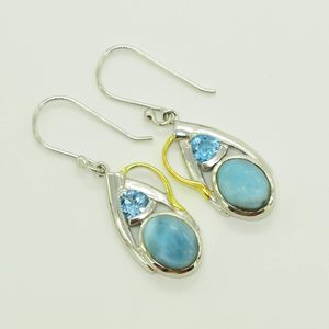 Boucles d'oreilles pendantes en forme de goutte d'eau avec topaze bleue et pierre Larimar, serties en argent sterling 925, style classique pour femme - Product Image 5