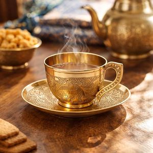 Brass Engraved Designer Golden <b>Tea</b> Cup Saucer <b>Set</b> of 2 150ml Handmade Luxury Coffee Mug <b>Set</b> Vintage Indian Drinkware Gift - Product Image 2