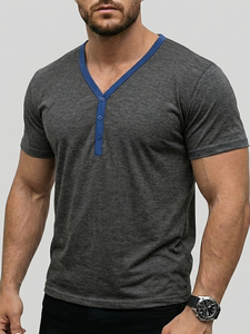 Men's V-Neck Short Sleeve Knitted Jersey T-Shirt 100% Cotton Solid Color Contrast Trim Slim Fit Casual Breathable 200 Grams - Product Image 1