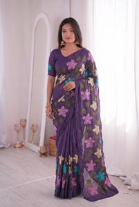 <b>Purple</b> Floral Embroidered Silk <b>Saree</b> With Lace Border Traditional Indian Wear For Women Wedding Occasion All Seasons - Product Image 2