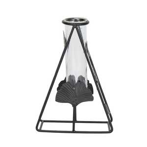 Vase de table industriel en fer avec tube en verre, hauteur 20 cm, motif feuille noire, support décoratif pour fleurs - Product Image 2