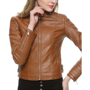 Chaqueta de Motociclista Personalizada de Cuero Genuino y Mezclilla para Mujer, Elegante, Ajustada, con Forro Transpirable de Algodón y Seda, OEM - Product Image 1