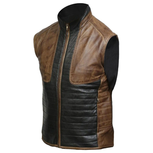 <b>Men's</b> Brown Black Genuine Leather Quilted <b>Vest</b> Stand Collar Full Zip Moto Biker Style Autumn Outerwear OEM Leather <b>Vest</b> - Product Image 1