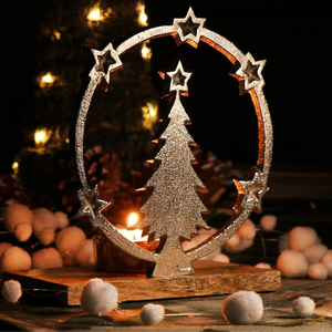 Support de bougie chauffe-plat pour sapin de Noël avec base en bois, décoration de table de Noël, support de bougie chauffe-plat en métal argenté pour la maison - Product Image 5