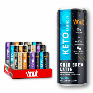 Café Keto Arabica Robusta en canettes d'aluminium, lot de 24 canettes de 320 ml, sans produits laitiers, sans OGM, sans gluten, VINUT OEM ODM Marque Privée Vente en Gros - Product Image 1
