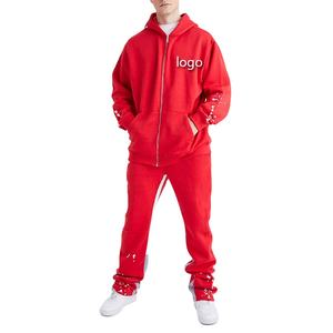 Nouvelles arrivées 100% coton Sweats à capuche zippés et pantalons évasés pour hommes 2 pièces Ensemble pour hommes Survêtement décontracté pour hommes Logo personnalisé 2026 - Product Image 1