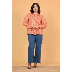 Chemisier pour femme à rayures orange et blanches avec imprimé cœur, en coton, boutonné, à manches longues, style décontracté, haut mignon style Saint-Valentin - Product Image 1