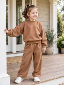 Ensemble de survêtement en coton marron pour filles, manches longues, col rond, coupe ample, couleur unie, pantalon de jogging avec poches latérales, tenue décontractée d'automne - Product Image 4
