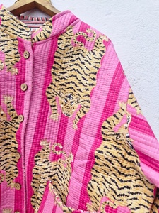 Wholesale Manufacture Indian Handmade Quilted Cotton Bomber Jacket <b>Vintage</b> Kantha Reversible Hooded Animal Print Eco-Friendly - Product Image 4