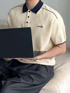 Polo pour homme en patchwork contrasté, col marine et corps beige, été - Product Image 6