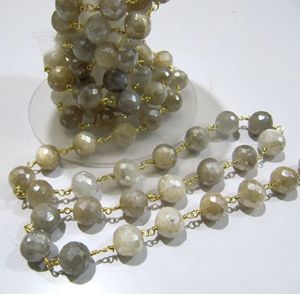 Natural Multi Moonstone Silverite AB Coated Round Briolette Faceted 6 to 9mm Beaded <b>Rosary</b> Chain - Product Image 2