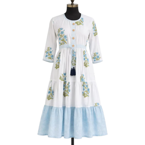 Boho Floral Print Cotton Kali Dress for Women - Long Sleeve Ethnic Midi with Tassels & Jaipuri Hand Block Panel Work Designs - Product Image 1