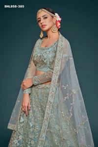 Ensemble Lehenga bleu pastel semi-cousu de qualité supérieure, en tissu filet doux avec broderie intégrale à motif à carreaux, fournisseur indien - Product Image 3