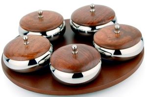 Ensemble de trois bols de service en acier inoxydable avec couvercles, ensemble de vaisselle moderne en métal - Product Image 2
