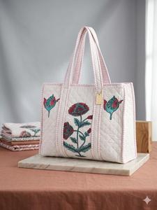 Premium Large Hand Block Printed Quilted Cotton Tote Bag Floral Jaipur <b>Shopper</b> Bag For Women Export Quality - Product Image 1