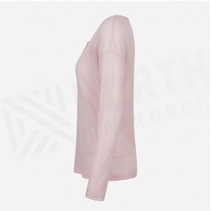 <b>Pink</b> Ribbed <b>Long</b> <b>Sleeve</b> Scoop Neck <b>Top</b> With Button Closure Breathable Women's Sportswear - Product Image 3